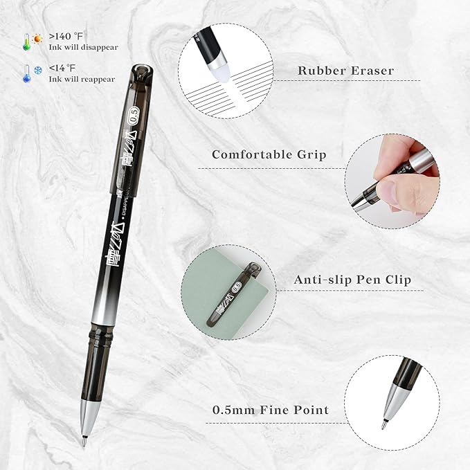 Temiary 12 Pcs Erasable Gel Pens, 0.5 mm Fine Point Heat Erasable Gel Ink Pen, Quick Dry for Writing, Journaling, and Crossword Puzzles, Smooth Writing for School Office Supplies (Black)