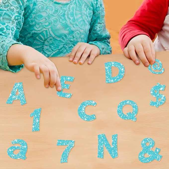 Colarr 216 Pcs Glitter Bulletin Board Letters for Classroom Number Alphabet Punctuation Symbol Cutout 4'' Die-Cut Poster Letter with Adhesive Dot School Party Holiday Decor Display(Light Blue)