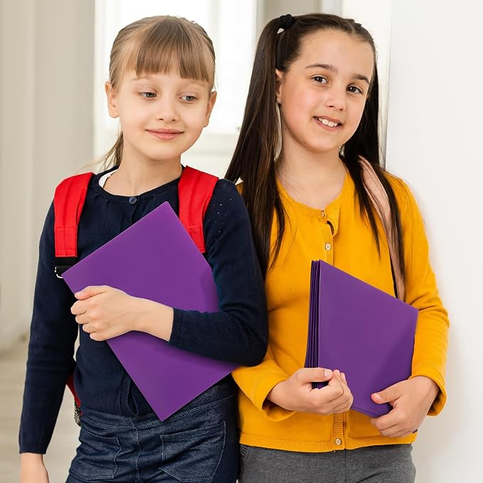 Fulmoon 48 Pack Plastic Folders with 2 Pockets Bulk 11 x 9 Inch Heavy Duty File Pocket Folders and 4 Card Slots Fit Letter Size Paper Cards for Back to School Office Home Supply(Purple)