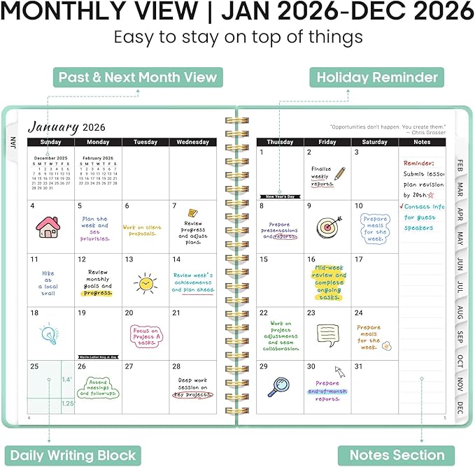 2026 Planner, Weekly and Monthly Calendar Planner Book, January 2026 - December 2026, Hardcover Spiral Planner with Monthly Tabs, Notes Pages, Perfect for Women & Men, A5 (6.4" x 8.5") - Mint