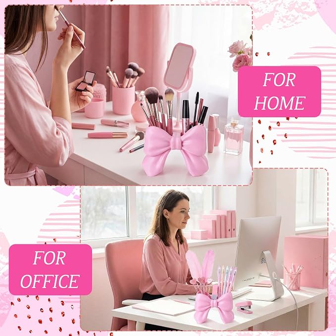 Marspark Cute Bow Pen Holder for Desk, Decorative Pencil Holder Organizer, Aesthetic Pink Desk Accessories for Office, Vanity, Back to School Supplies for Students