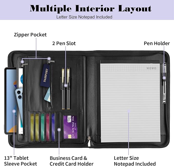 Leather Padfolio Portfolio Binder Organizer, with 25 Pages Notepad & 13" Tablet Sleeve, Professional Conference Meeting Business Zipper Folder for Letter Size A4 Legal Writing Pad Document Men Women
