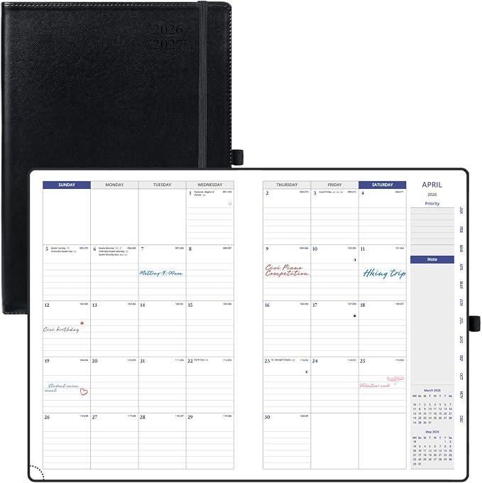 POPRUN Monthly Planner 2026-2027, 8.25" x 11.75" Large Calendar Planner, 16 Months (Apr 2026 - Jul 2027) Monthly Calendar & Appointment Book with Stair Tabs, Inner-pocket, Pen Holder, PU Leather - Black