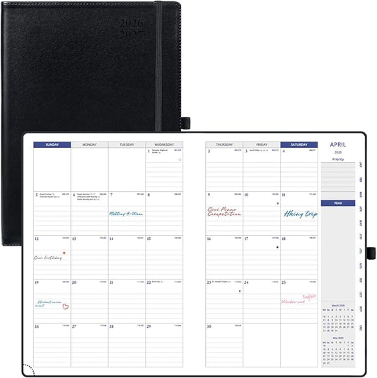 POPRUN Monthly Planner 2026-2027, 8.25" x 11.75" Large Calendar Planner, 16 Months (Apr 2026 - Jul 2027) Monthly Calendar & Appointment Book with Stair Tabs, Inner-pocket, Pen Holder, PU Leather - Black