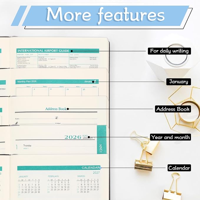 2026 Small Academic Planner 5.5" x 3.9" Hardcover Weekly and Monthly Calendar Planner Soft Leather Bound Cute Planner Goal Habit Tracker Organizer Planning Book with Tabs ,Daily Schedule School Office Schedule for Women Men (blue)
