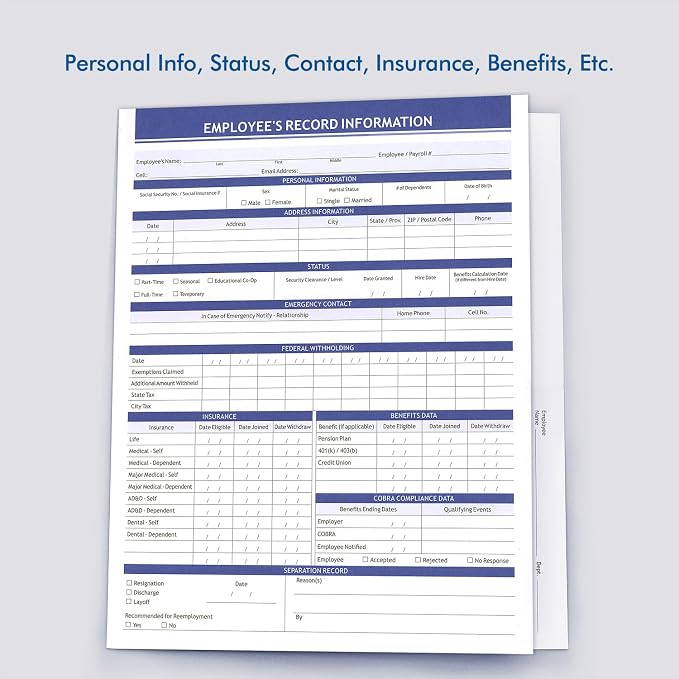 Employee Record Folders, Secure, Large Capacity and Durable Employee Info Record Organizer, Preprinted 25 Pack (Blue)