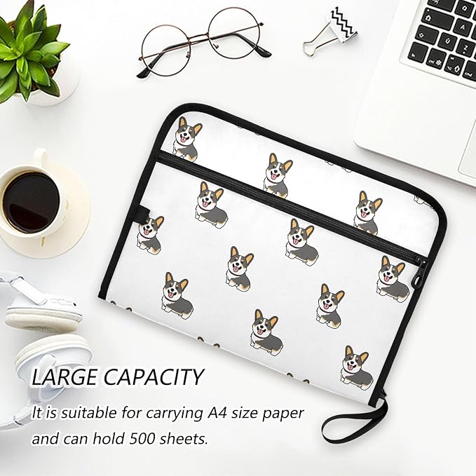 Corgi Tricolor Dog Cartoon File Folders,Plastic Folders with 13 Pockets,Expandable File Folder for Documents School Students Office,Aesthetic Folder with Labels A4 Letter Size