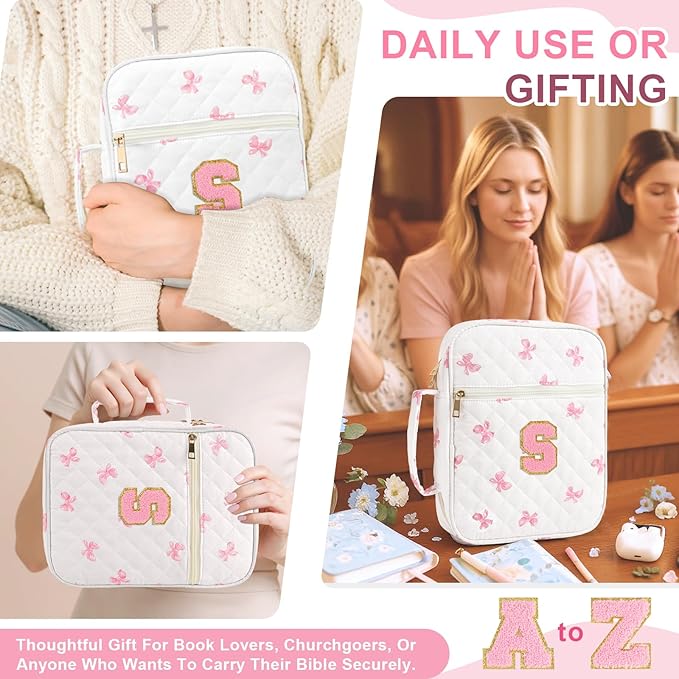 Personalized Initial Bible Cover Case for Women Girls Kid - Large Quilted Bible Case with Handle, Stylish Chenille Letter Bag Study Supplies, Perfect Christmas Gifts for Christians Women (Pink Bow-S)