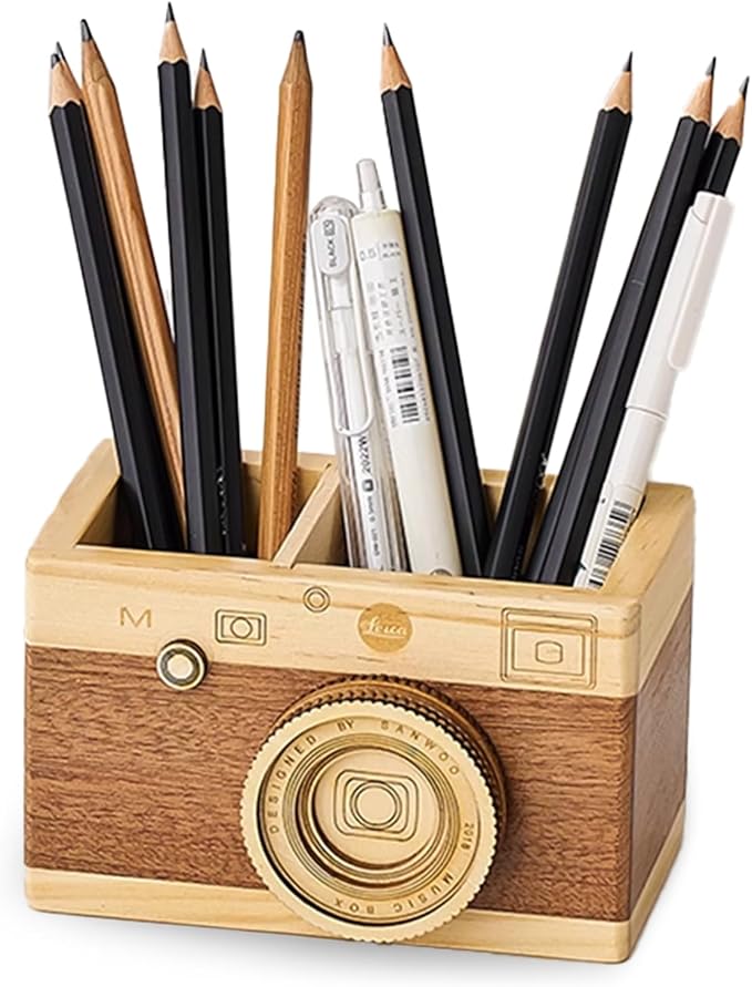 Vintage Wooden Camera Pencil Holder – Retro Desk Organizer for Pens & Stationery, Unique Photography Gift for Photographers, Creative Wooden Pen Holder for Office & Home Decor (Double slot)