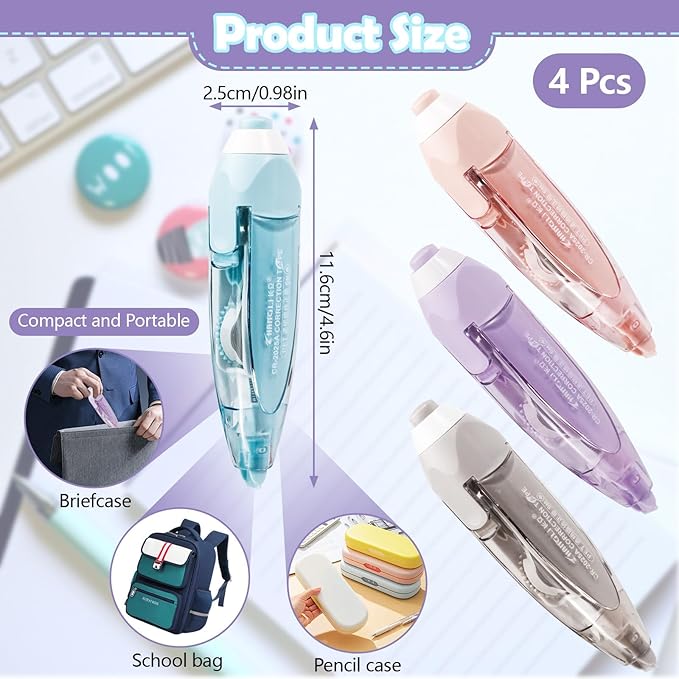 Refillable Retractable White Out Correction Tape Pen Shaped Aesthetic Correction Tape with Replaceable and Retractable Features Portable Stationery Tool Office Supplies (4Pcs)
