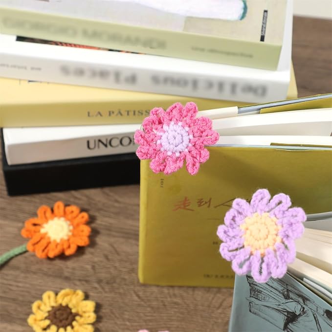 6 Pack Flower Crochet Bookmarks,Daisy Sunflower Bookmark for Women Personalized Crochet for Book Lovers and Teachers