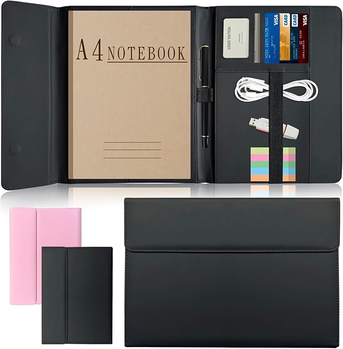 Triple Portfolio Folder Notebook Cover for 8.5 x 11 Daily Planner, Soft Leather Padfolio A4 Business Binder Legal Writing Pad Document Organizer for Present Gift Kid Men Women Black