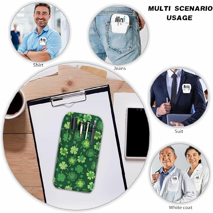 chaqlin Pocket Protector, PU Leather Pocket Pen Holder Organizer for Shirts Lab Coats Pants Pen Sleeve Holds Pens Pointers Pencils and Notes Card (Green Leaves)