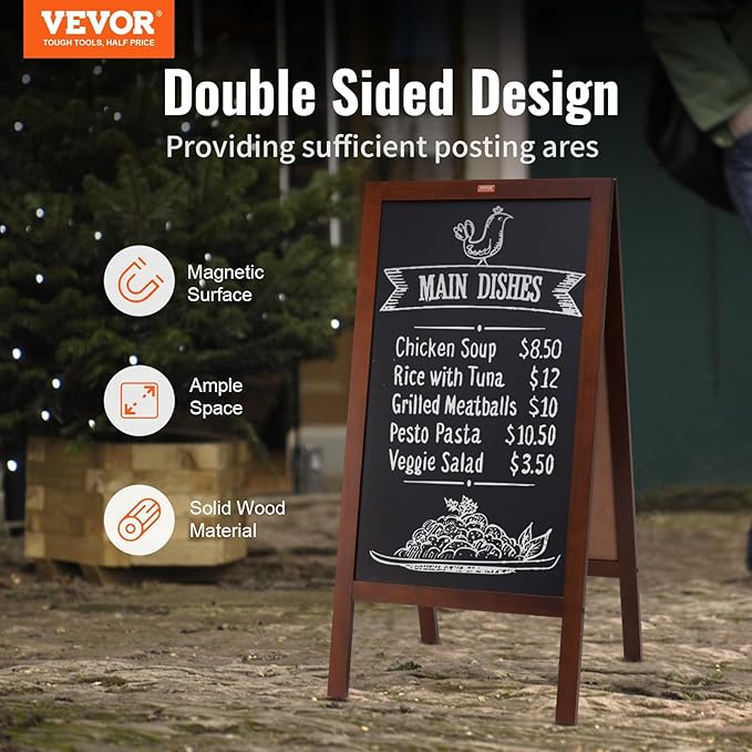 VEVOR A Frame Chalkboard Sign, Double-Sided Sidewalk Signs, Freestanding Vintage Wooden Chalk Board with Chalks & Magnetic Eraser, Rustic Brown Outdoor Sandwich Board, 20"x40", Kitchen Home Wedding