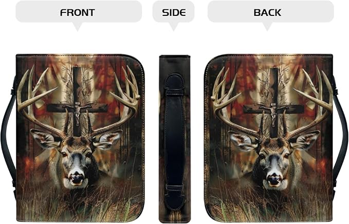Leather Bible Cover, Carrying Bible Book Bag Church Case,Bible Protective with Handle for Men Women,Gothic Style Deer and Cross,X-Large