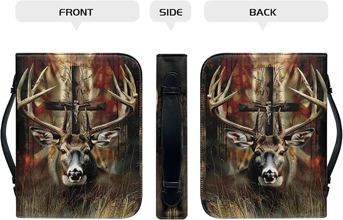 Leather Bible Cover, Carrying Bible Book Bag Church Case,Bible Protective with Handle for Men Women,Gothic Style Deer and Cross,Small