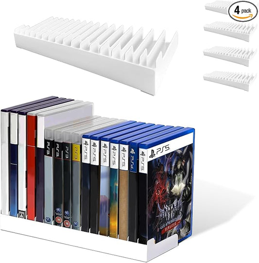 4 Pack Video Game Storage Holder for PS5/PS4/PS3/PS2/Xbox One/Xbox 360/Xbox Series X/S/Wii/Switch/Switch 2 Game Cases, 16-Disc Capacity DVD & Blu-Ray Organizer Stand for Desk (White)