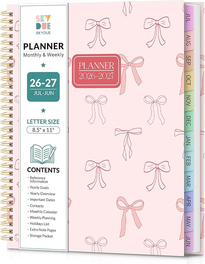SKYDUE 2026-2027 Monthly and Weekly Academic Planner, July 2026-June 2027, 8.5"x11", Agenda Calendar with Colorful Tabs and Storage Pocket, Ideal for School Office Supplies