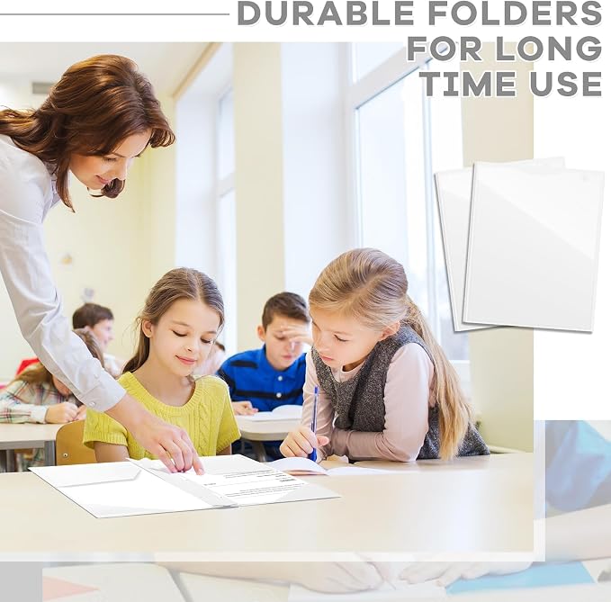 Henoyso 18 Pcs Plastic Folder with Clear Front Pocket and 3 Prong Plastic Folders with Card Slot Pocket Folders with Prongs for School Office (White)