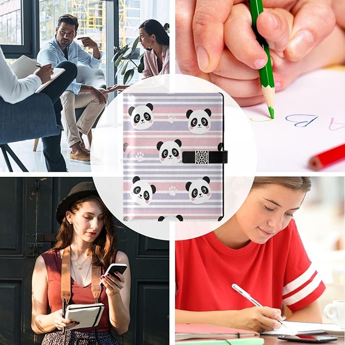 Panda Faces Stripes Pink Purple PU Leather Notebook A5 Binder 6 Ring Refillable Journal with Magnetic Buckle Closure Loose Leaf Travel Office Planner Budget Binder Notepad Portfolio