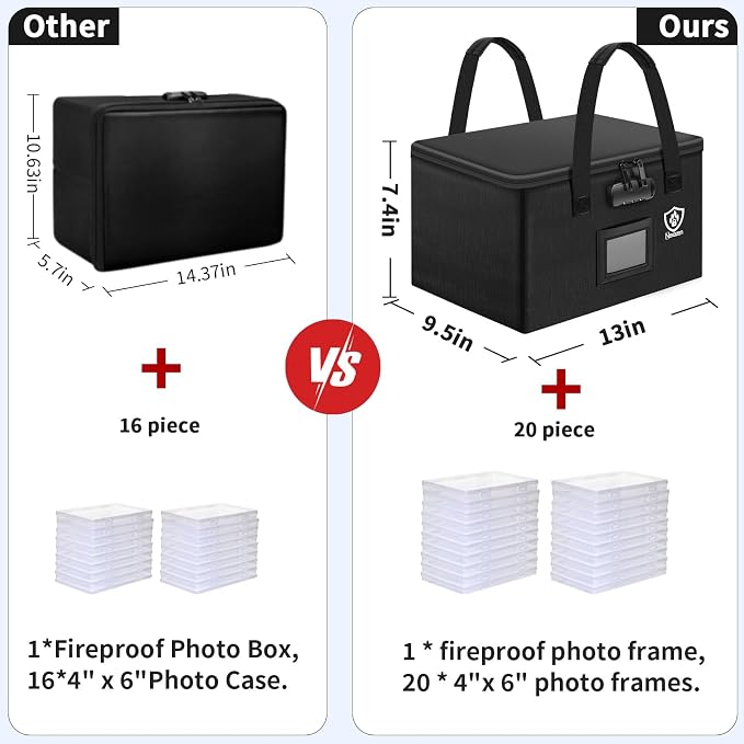 Fireproof Photo Storage Box with Lock, Holds 20 Inner 4"x6" Photo Cases, Waterproof Picture File Organizer, Portable Photos Boxes Containers for Valuables, Photos, Crafts, Documents (Small)