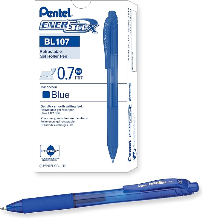 Pentel EnerGel-X Retractable Liquid Gel Pen, 0.7 mm, Blue, Pack of 12