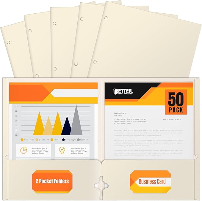 Better Office Products Two Pocket Portfolio Folders, 50-Pack, White, Letter Size Paper Folders, 50 Pieces, White