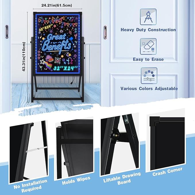 Hosim Standing A-Frame LED Message Writing Board, 32”x 24" Illuminated Erasable Neon Restaurant Menu Sign Board with 8 Colors Markers & 16 Lighting Colors DIY Chalkboard Light Up Sign