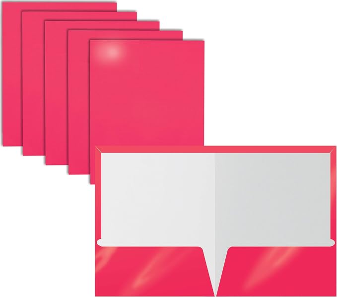 Better Office Products 2 Pocket Glossy Laminated HOT Pink Paper Folders, Letter Size, 25 Pack, Hot Pink Paper Portfolios Box of 25 Hot Pink Folders