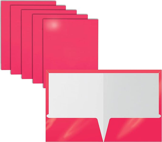 Better Office Products 2 Pocket Glossy Laminated HOT Pink Paper Folders, Letter Size, 25 Pack, Hot Pink Paper Portfolios Box of 25 Hot Pink Folders