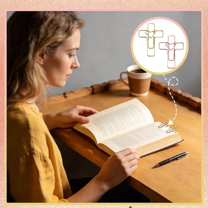 100 PCS Heart Cross Paper Clips for Bible Study Supplies,Christian Gifts,Jesus Bible Stuff Bookmark journaling Supplies Accessories, Easter Eggs fillers, Teacher Gifts (Gold and Rose)