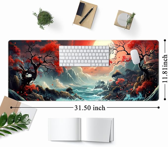 Japanese Desk Mat Extended Gaming Mousepad Japan Large Mouse Pad XL Oceanic Passage Aesthetic Desk Pad Keyboard Mat Laptop Desktop Mouse Mat 31.5''X11.8'' Deskmat with Stitched Edges