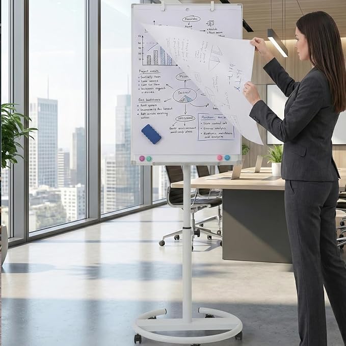 Mobile Whiteboard on Wheels 36 x 24 Inch-Rolling Magnetic Dry Erase Easel Board with Flipchart 25 Sheets Paper Pad - Height Adjustable Standing Easel for Meetings, Classes, Workshops