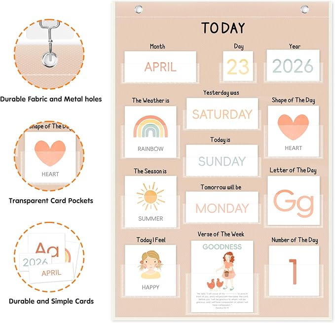 Calendar Pocket Chart for Kids, 21.5"H×14.25"L, 155 Laminated Cards with Back Storage Pocket, Early Education Teaching Supplies
