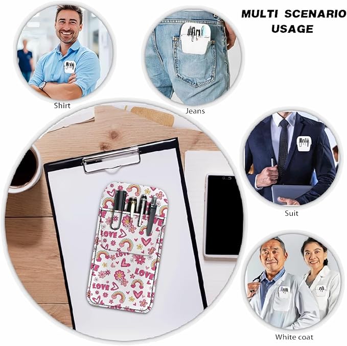chaqlin Pocket Protector, PU Leather Pen Holder Pouch for Shirts, Lab Coats, Pants - Multi-Purpose - Holds Pens, Pointers, Pencils, and Notes - Rainbow Love