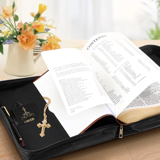FINPAC Large Classic Bible Cover Vegan Leather Carrying Book Case Church Bag Bible Protective with Handle, Gift for Men, Women, Father, Mother, Friends, Black w/Hot Stamping