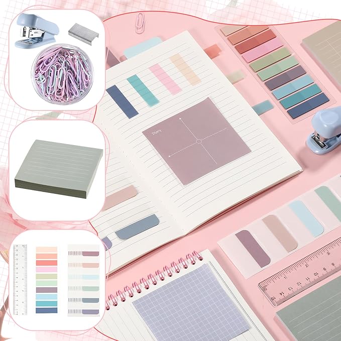 Eersida 74 Pcs Aesthetic School Supplies with Large Pencil Pouch 5 Ink Gel Pens 12 Highlighters 6 Mechanical Pencils 0.5mm 9 Color Pens 4 Note Pads Set for Student Stationary(Morandi,Bright Style)