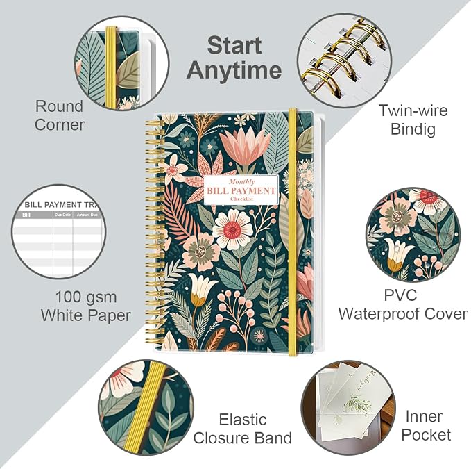 Monthly Bill Organizer - Monthly Bill Payment for Personal Budgeting Financial, Payments Checklist Organizer, 5.8" x 8.5", Flower-B