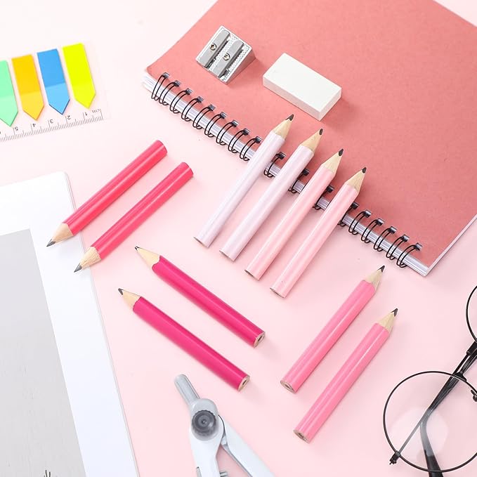 Marspark 30 Pcs Short Triangular Fat Pencils Bulk 3.5 Inch Wooden Triangular Jumbo Pencils with Sharpener and 2 Erasers for Preschoolers, Kindergarten, Toddlers, Beginners and School(Pink Colors)