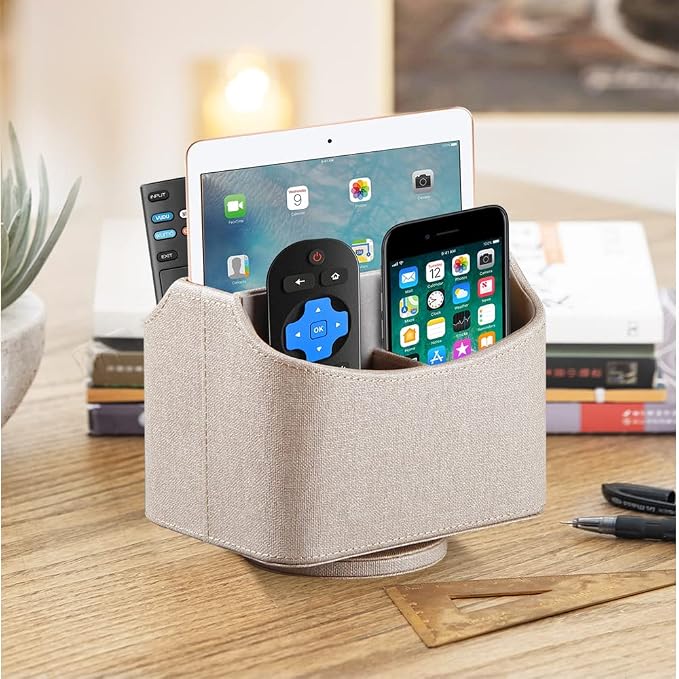 360° Rotating Remote Control Holder, PU Leather TV Remote Caddy Organizer Basket Storage Box with 5 Compartments for Pen, Pencil, Art Supplies, Makeup Brush, Office Desk Table Accessories
