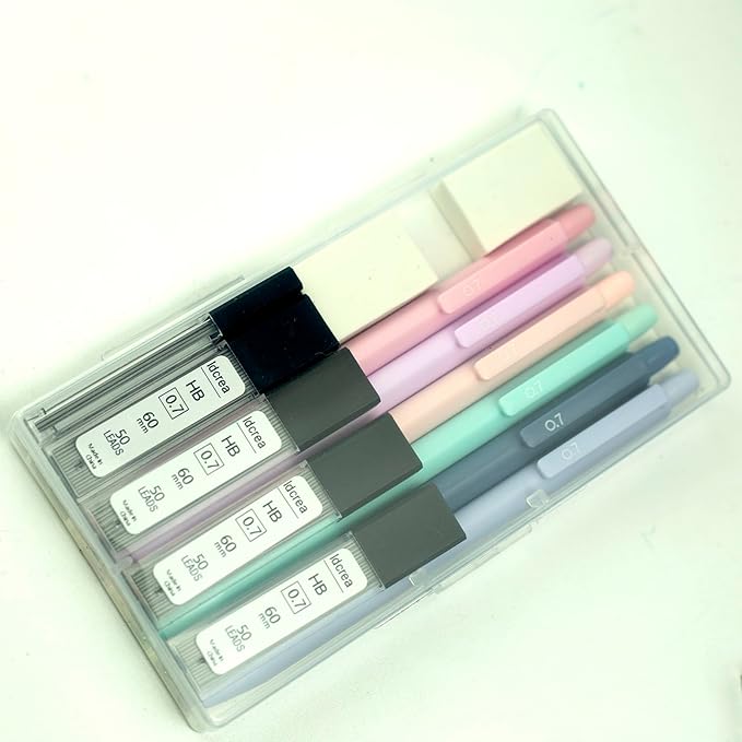 Mechanical Pencils Set 0.5mm & 0.7mm, 6 Pack with Lead Refills & Eraser, Triangular Grip, One-Piece Barrel, Pastel Colors for Writing Drafting & Sketching