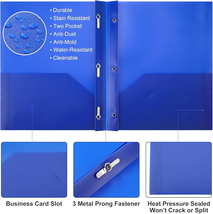 Cholemy 72 Packs Pocket Folders with Prongs Heavy Duty Plastic Folder with Business Card Slot 3 Prong Fasteners for School Office (Blue,Green)