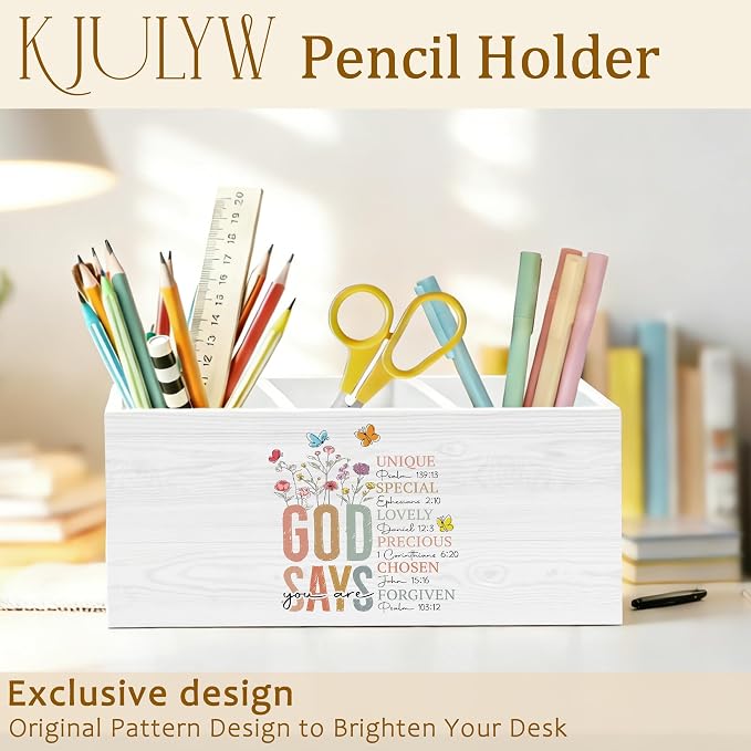 Boho Christian Pen Holder for Desk, God Says You Are Gifts for Women, Inspirational Religious Wooden Box Pencil Pen Holder Organizer for Home Office Desk Accessories
