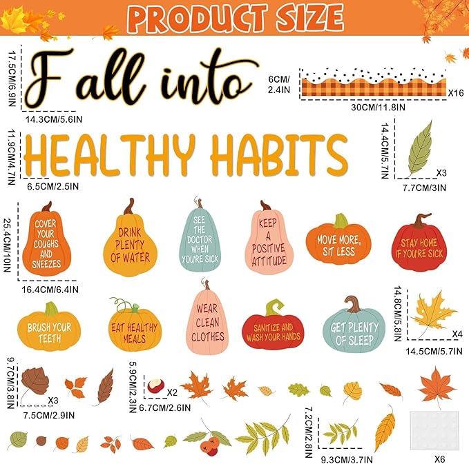 Fall Healthy Bulletin Board Set Fall Into Healthy Habits Bulletin Board Autumn Pumpkin Classroom Paper Cutouts Maple Leaves Poster for Thanksgiving Classroom Teacher Chalkboard Office Wall Door Decor