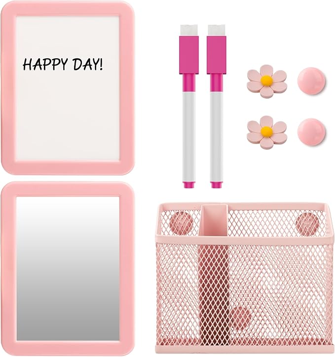 Magnetic Locker Accessories Set, Back to School Essentials (with Magnetic Whiteboard, Locker Mirror, Pen Holder, Marker, Round Magnet) School Locker Decor, Work Locker Organizers-Pink