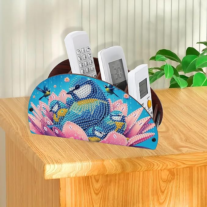 Remote Control Holder with 4 Compartments, DIY Diamond Art Painting Wooden Half Moon TV Control Holder for Remote Controllers, Office Supplies, Makeup Brush, Media Accessories-Bird-1