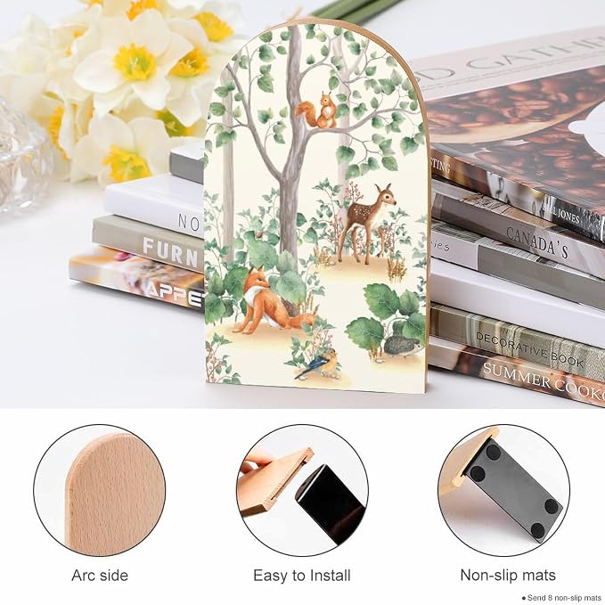 Book Ends Bookends for Shelves to Hold Books Woodland Animals Boho Art Print Small Non-Slip Book Stoppers Wood Decorative Home Office Desk