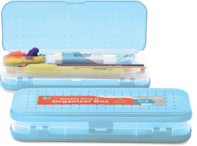 Enday Pencil Box Blue, Plastic Double Deck Pencil Case with 7 Compartments, Box Organizer with Snap Closure for Home and Office