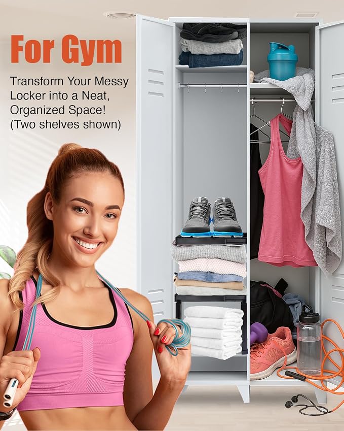 Piffny Locker Organizer Shelf, Adjustable Width and Height, Stackable, 2 Pack, Ideal Locker Shelf for School, Office, Gym Lockers, or Even Kitchen Cabinets & Under Sink Organization (Black)