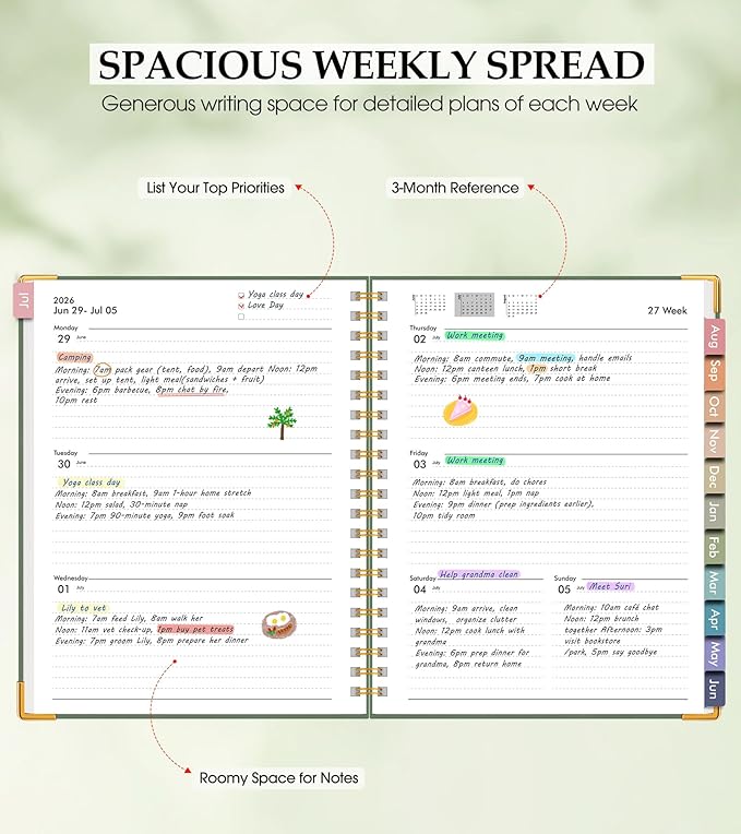 Academic Planner 2026-2027, Hardcover Leather Weekly and Monthly Calendar Planner from July 2026 - June 2027, A4 8.5" x 11" Daily Agenda with Tabs, College School Organizer for Student Teacher, Green